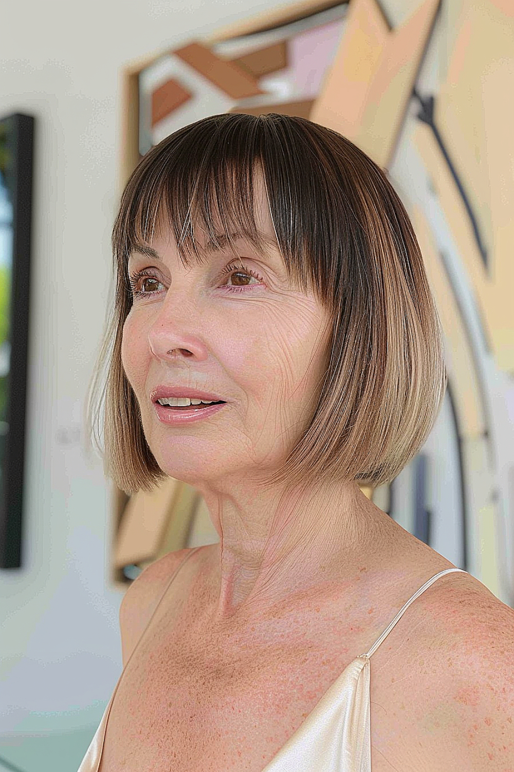 A woman with a tapered bob haircut and wispy bangs
