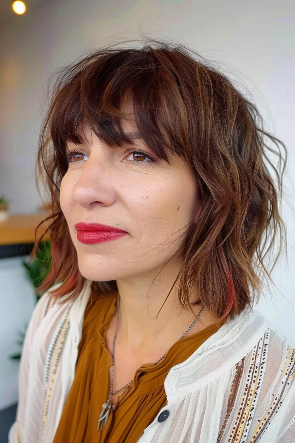 Textured bangs with layered shaggy bob for women over 40