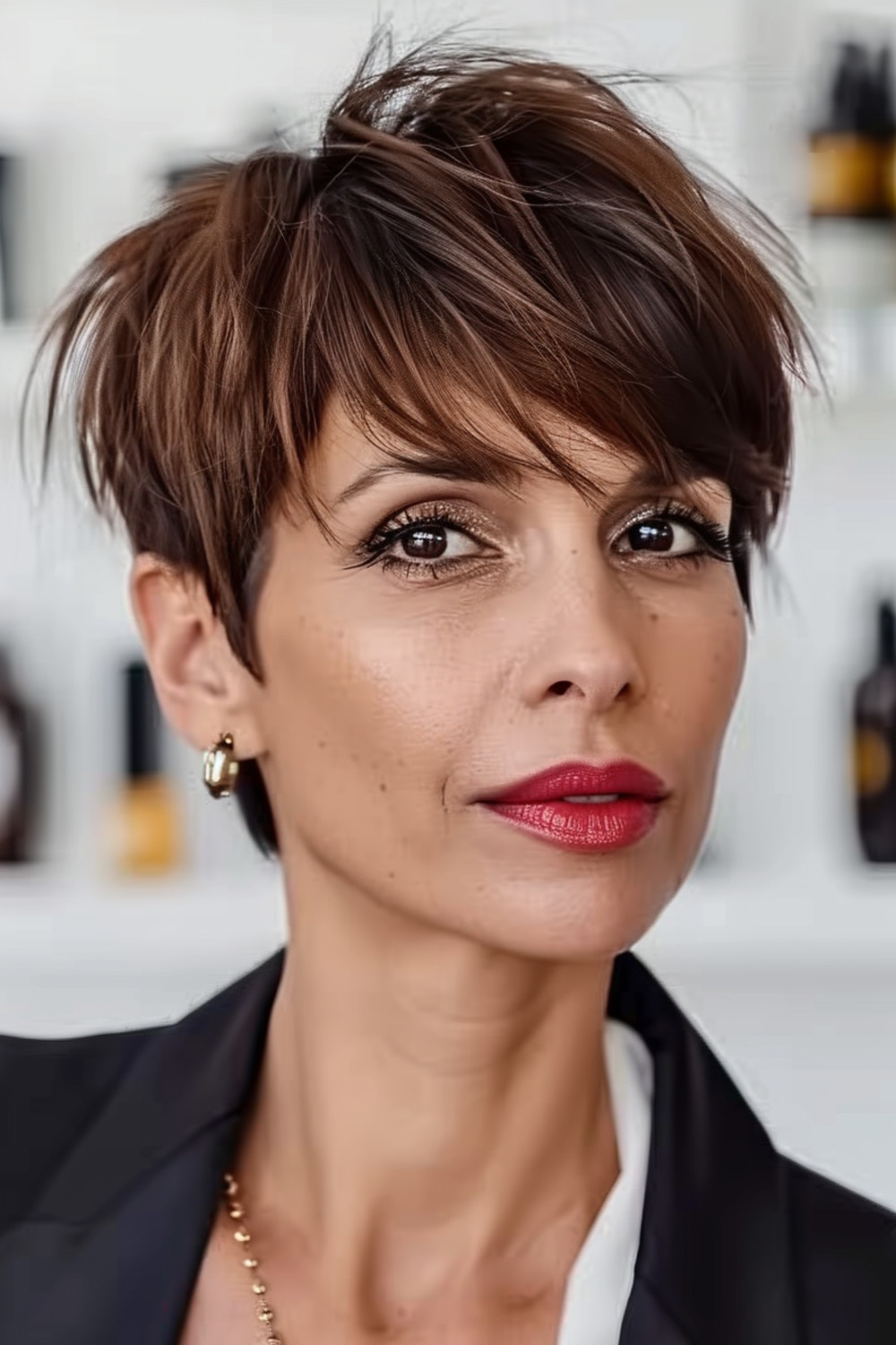 Textured pixie with long fringe for women over 40