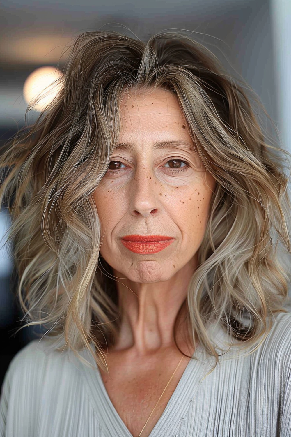Textured shoulder-length shag for women over 60