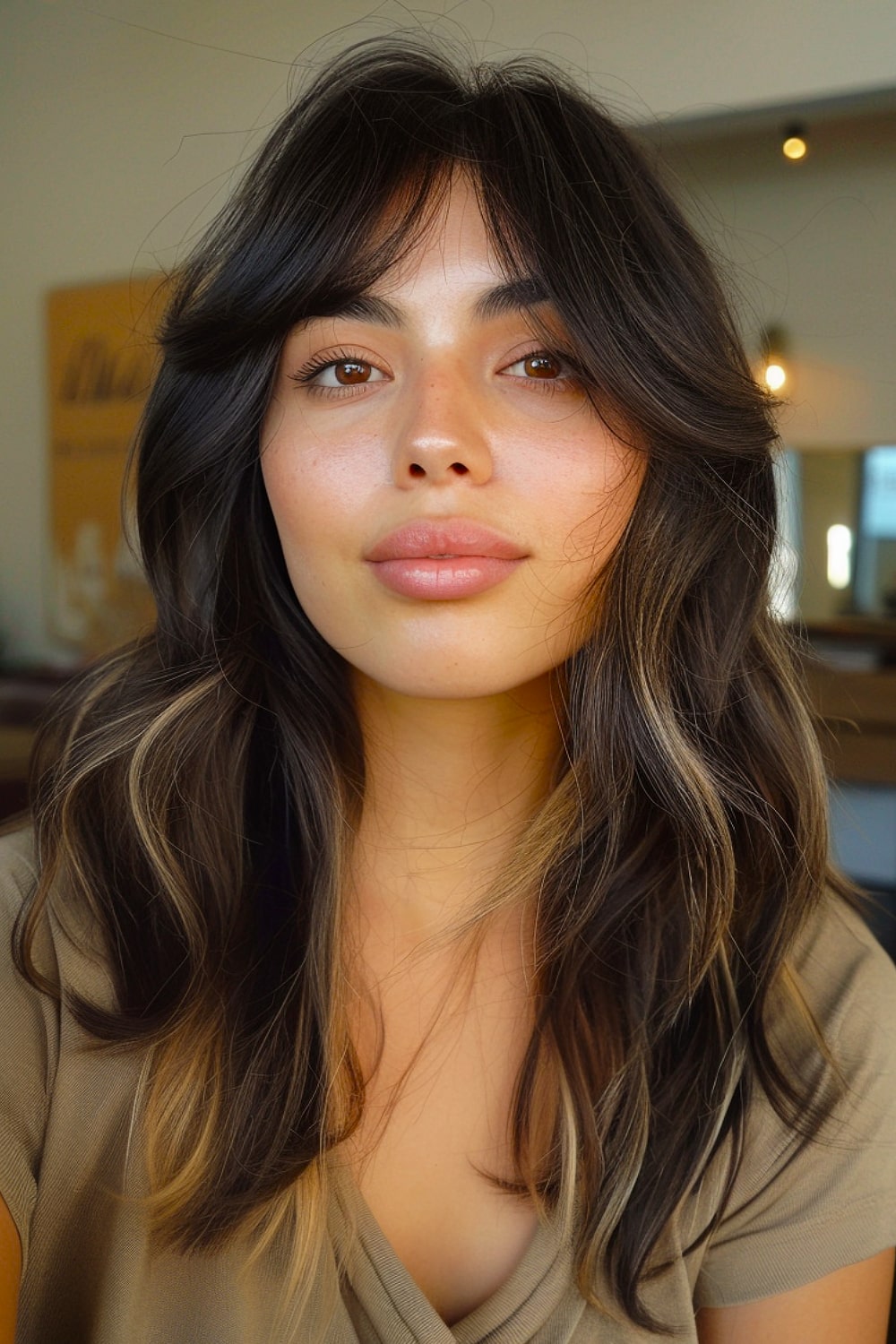 Thick dark brown hair with curtain bangs