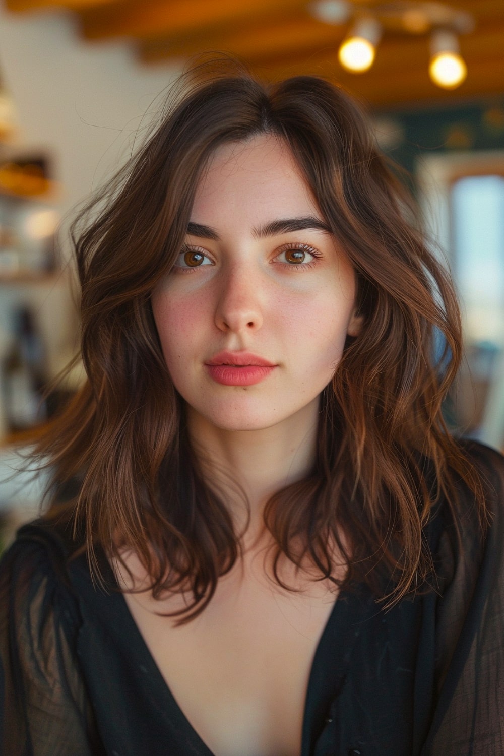 Thin dark brown hair with curtain bangs