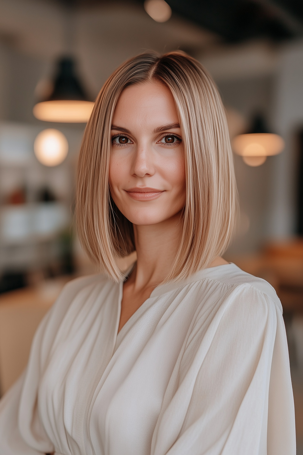 Toasted coconut blonde balayage on lob cut