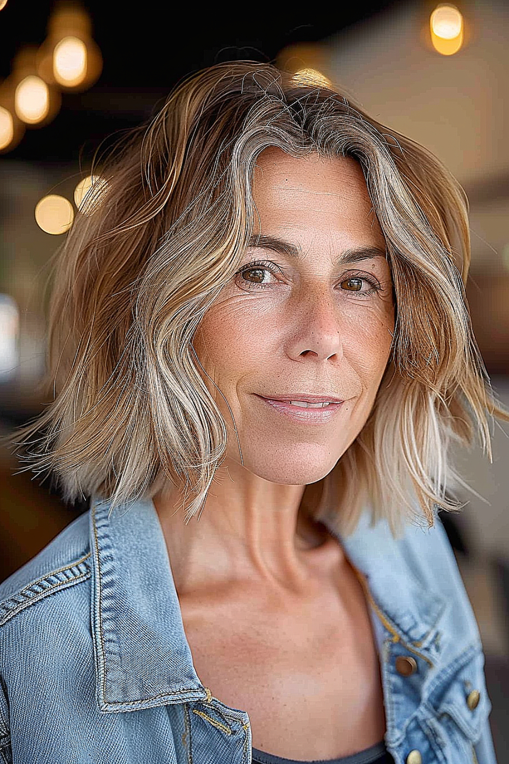 A woman with a tousled bob hairstyle, featuring a balayage blend of natural and light blonde tones