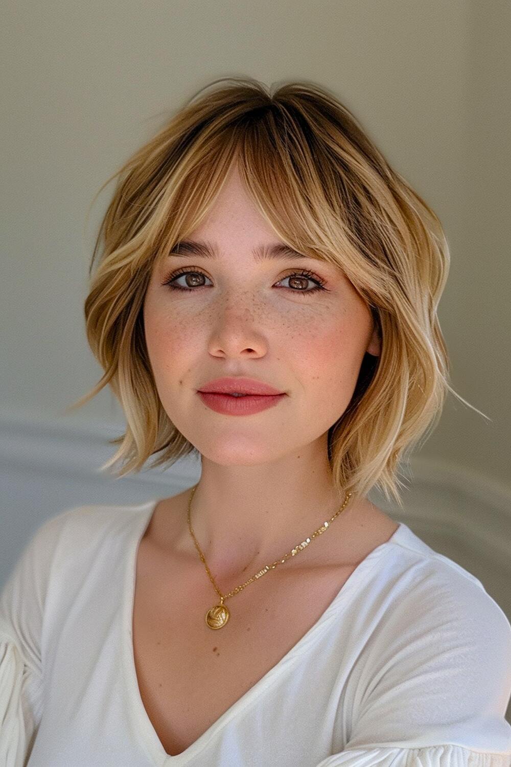 Short layered hair with curtain bangs