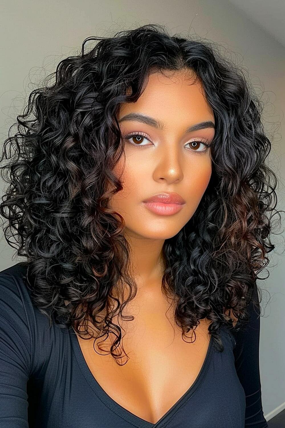 Trendy medium curly black hair
