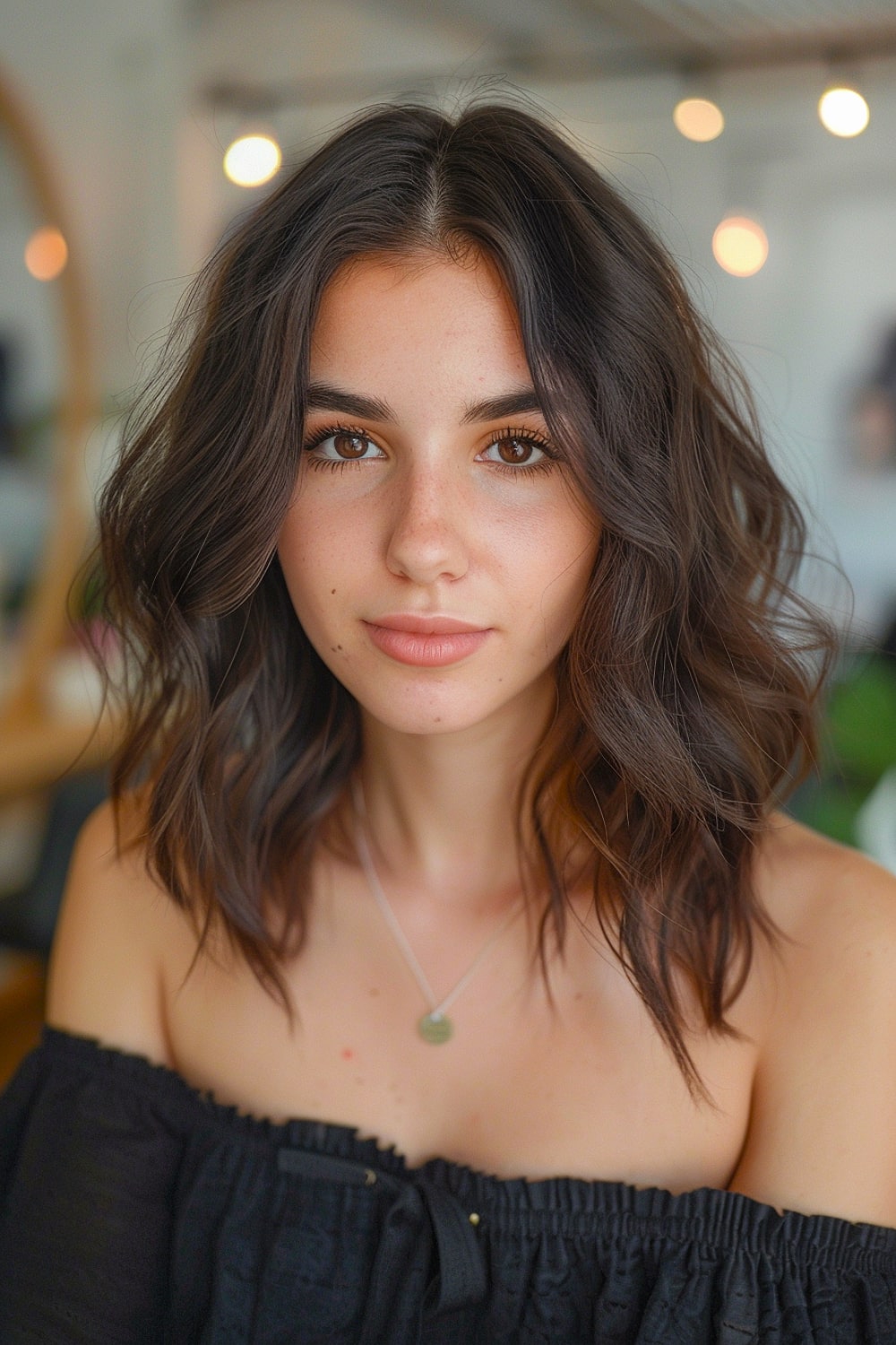 Very dark brown hair with curtain bangs