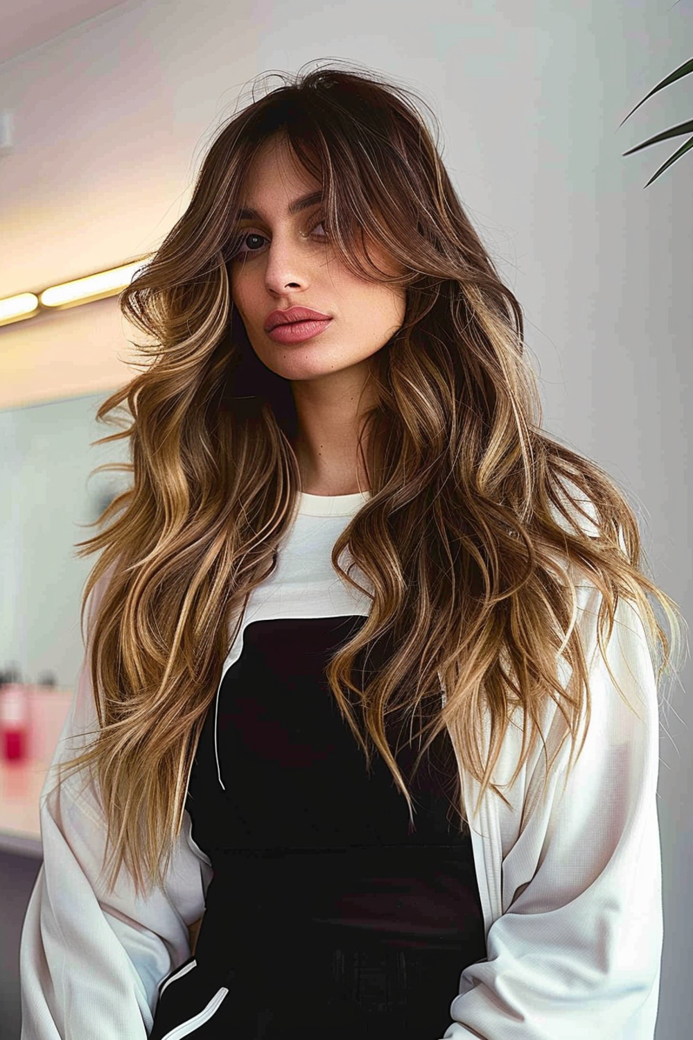 Voluminous long hair with curtain bangs