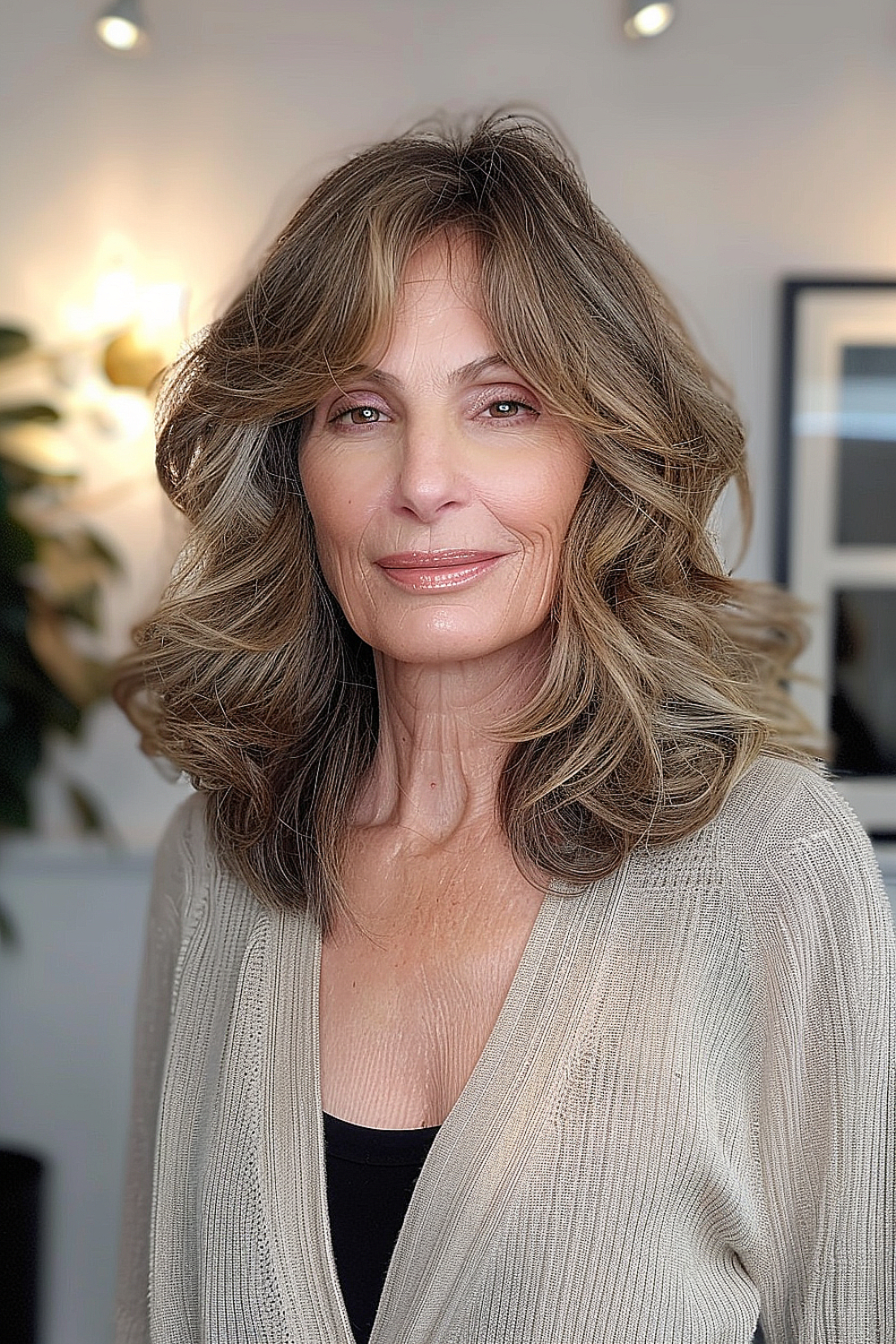 Voluminous shoulder-length cut with soft layers adding movement and bounce
