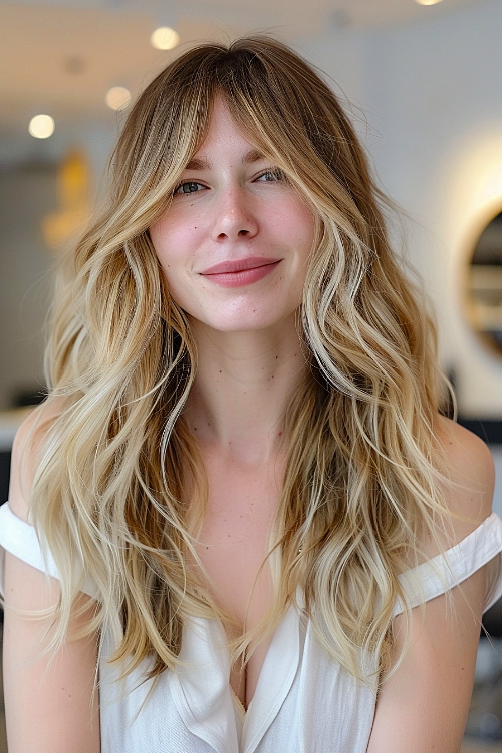 Wavy hair with long curtain bangs