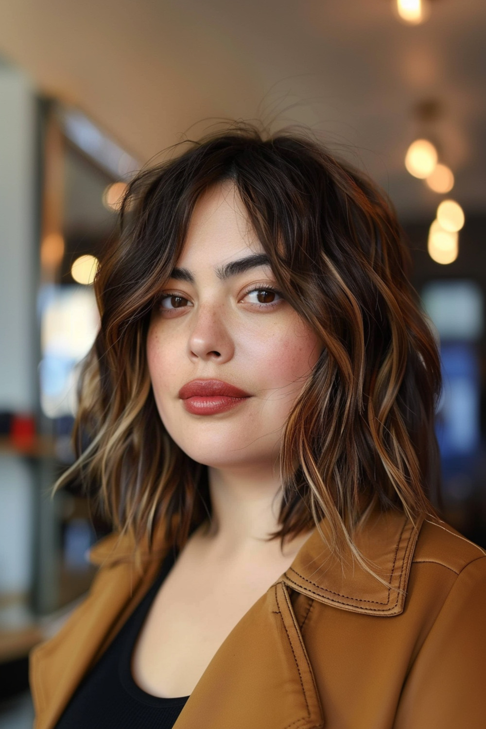 Wavy lob with curtain bangs