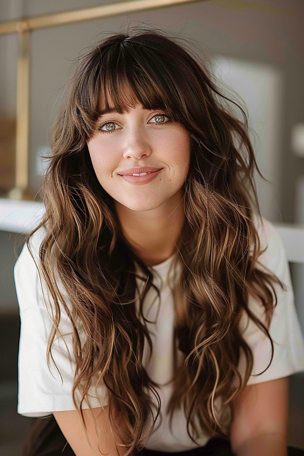 Wavy long hair with arched bangs