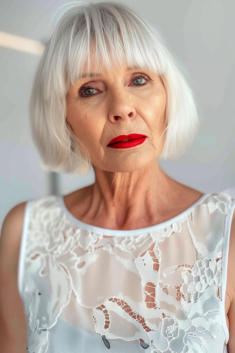 Wispy bangs with sleek bob for women over 70